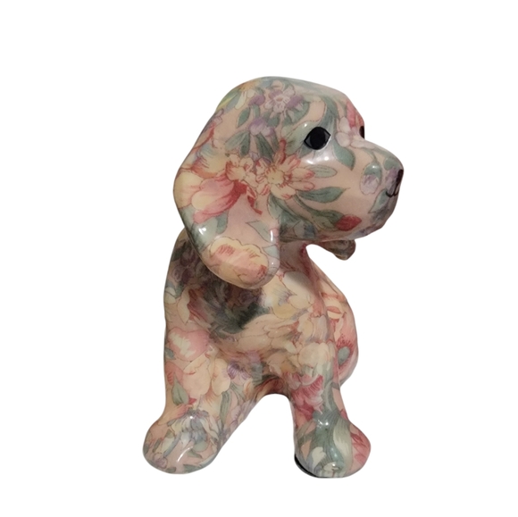 Vintage Puppy Dog Fabric Decoupage Figurine Pink Floral - Picture 4 of 5
